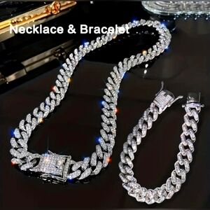 2 Pieces Unisex Hip Hop Cuban Chain Necklace  Bracelet Jewelry Set with Shining